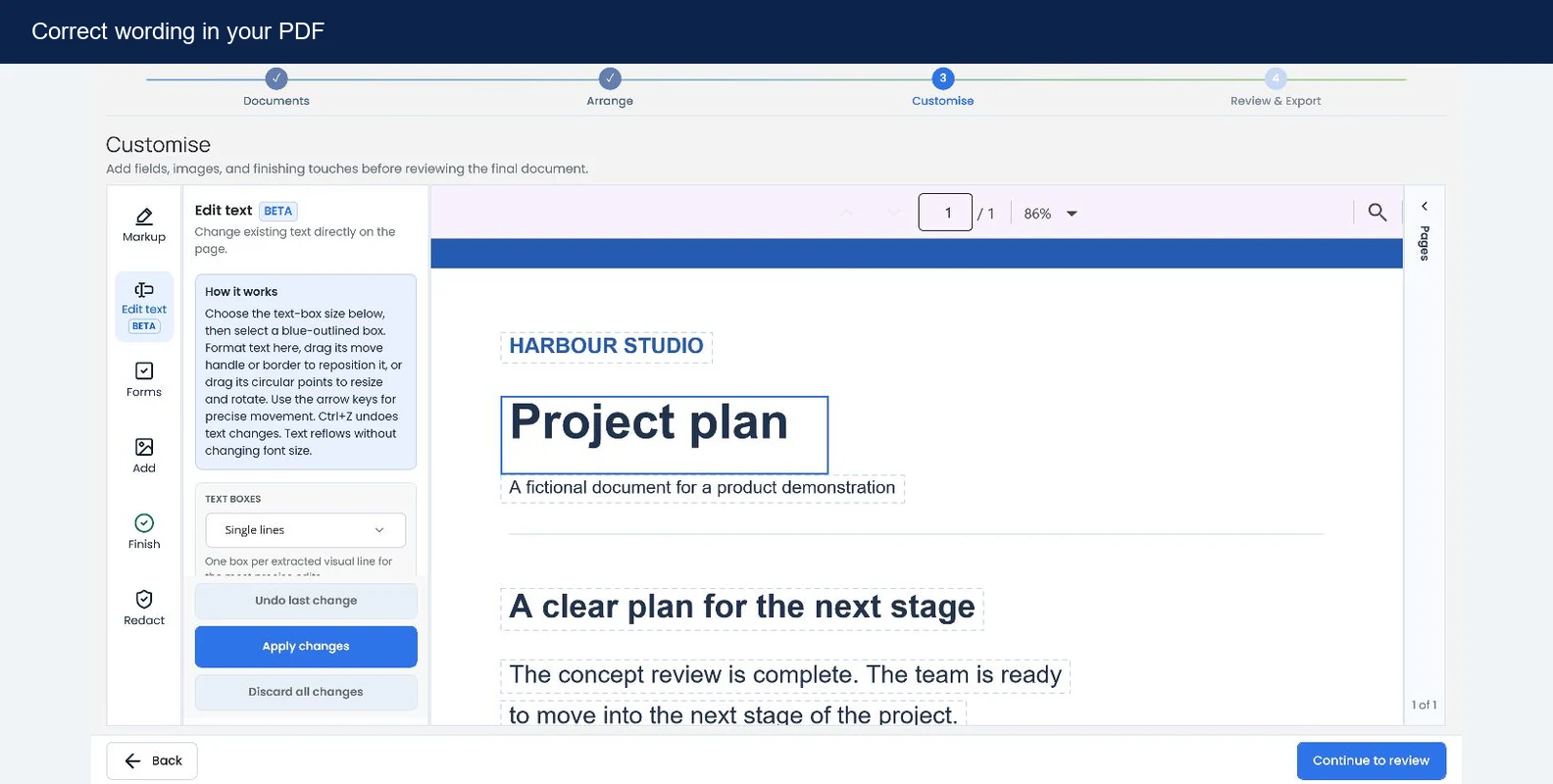 Close-up of Project plan selected in a text box, ready to edit directly on the PDF.