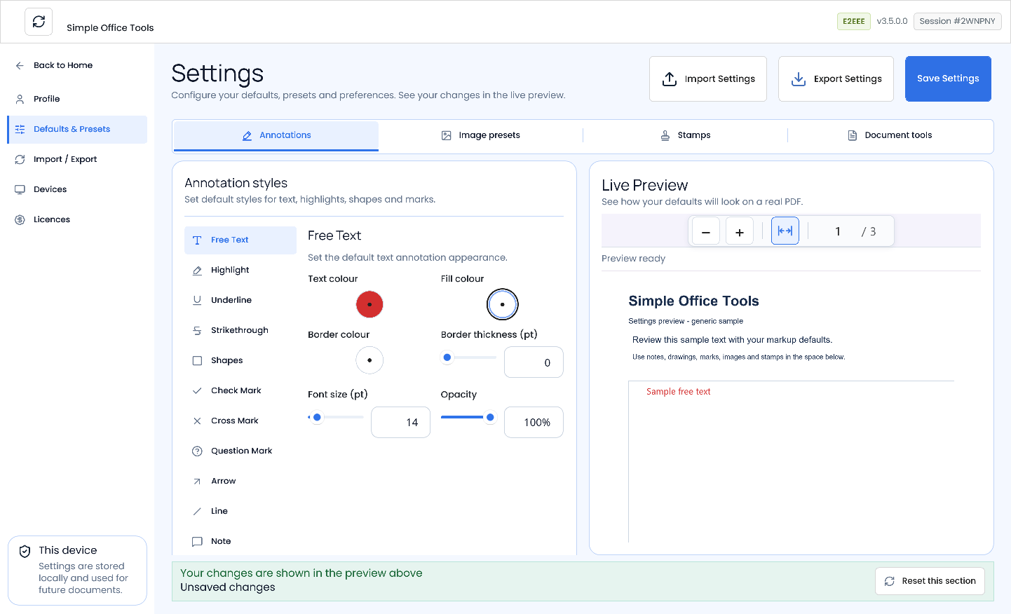 Settings showing the selected Annotations tab, colour and opacity controls, and the real three-page sample PDF preview
