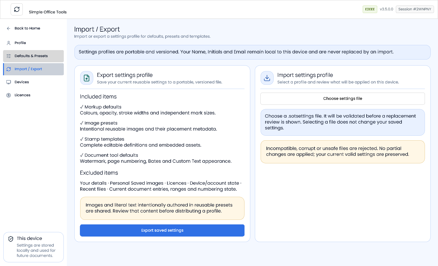 Import / Export with separate Export and Import panels and explanations of included configuration and unchanged local data